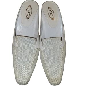 Tods White Mule Kitten Heel,  Leather and Cloth Size US 8.5